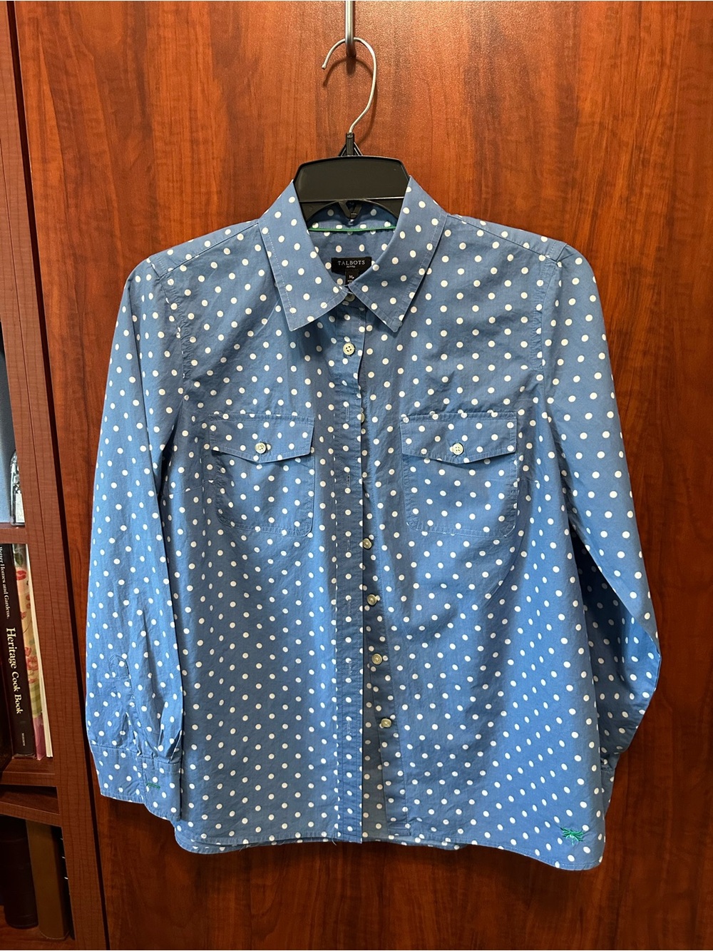 Talbots Blue White Polka Dot Button-Down Shirt 100% Cotton